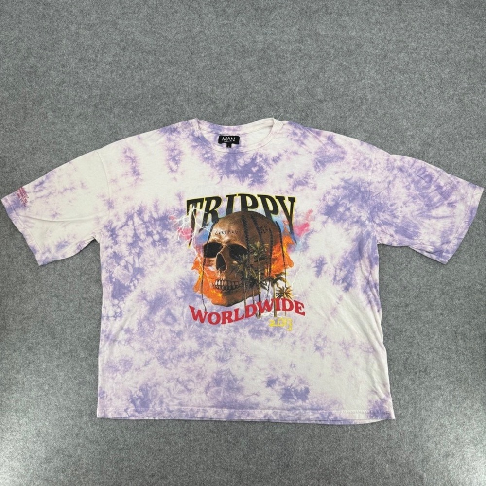 BoohooMAN T-Shirt Mens S Trippy Worldwide Skull Purple Tie Dye EUC